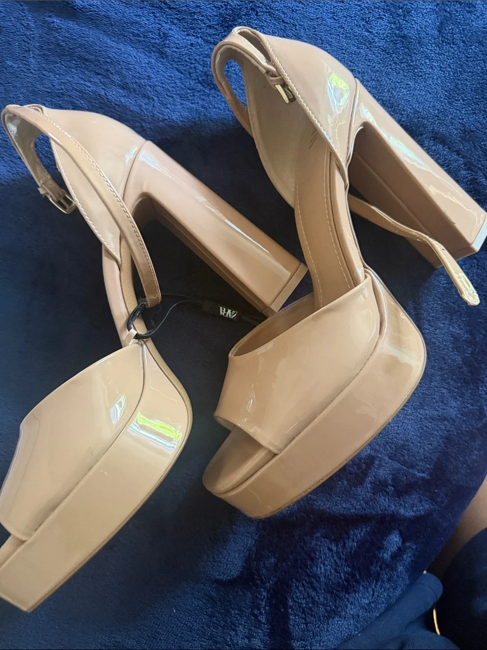 Zara Beige Patent Block Heel Sandals with Ankle Strap